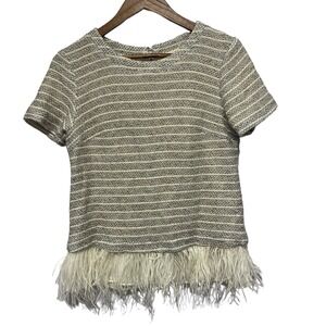 Anthropologie Deletta Top Womens S Ivory Tweed Boucle Short Sleeve Feather Trim